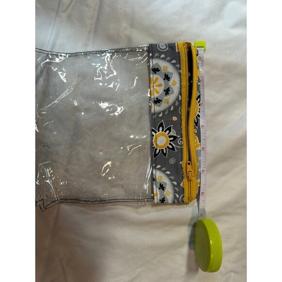 handmade clear vinyl zipper pouch with gray and yellow floral fabric - Picture 2 of 4